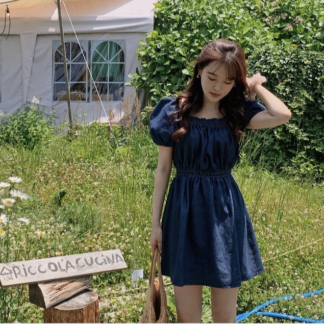 Đầm Denim Cổ Vuông Lưng Thun Dễ Thương Phong Cách Hàn Quốc 52802