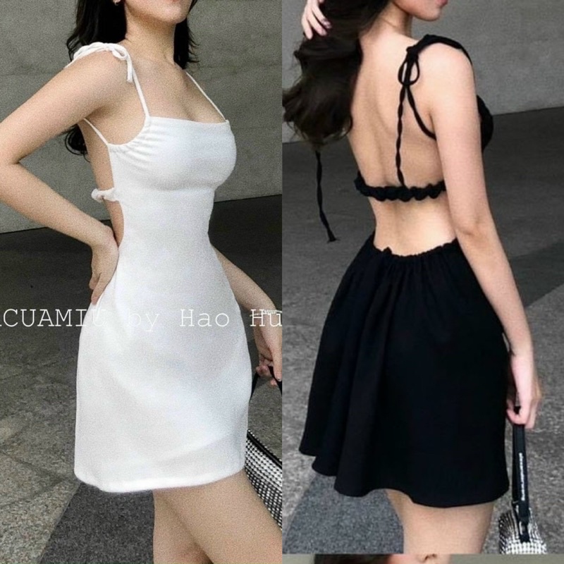 Có Mút Ngực Đầm Dây Thắt Vai Nữ Tung Xòe Dây Rút Hở Lưng