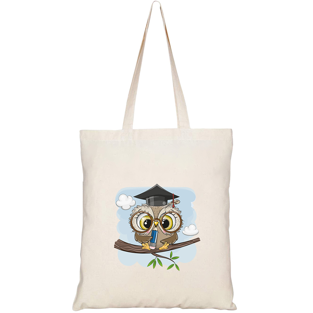 Túi vải tote canvas HTFashion in hình cute clever owl pencil graduation HT497