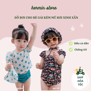 Đồ bơi bé gái cao cấp họa tiết hoa vintage tặng kèm mũ bơi dễ thương