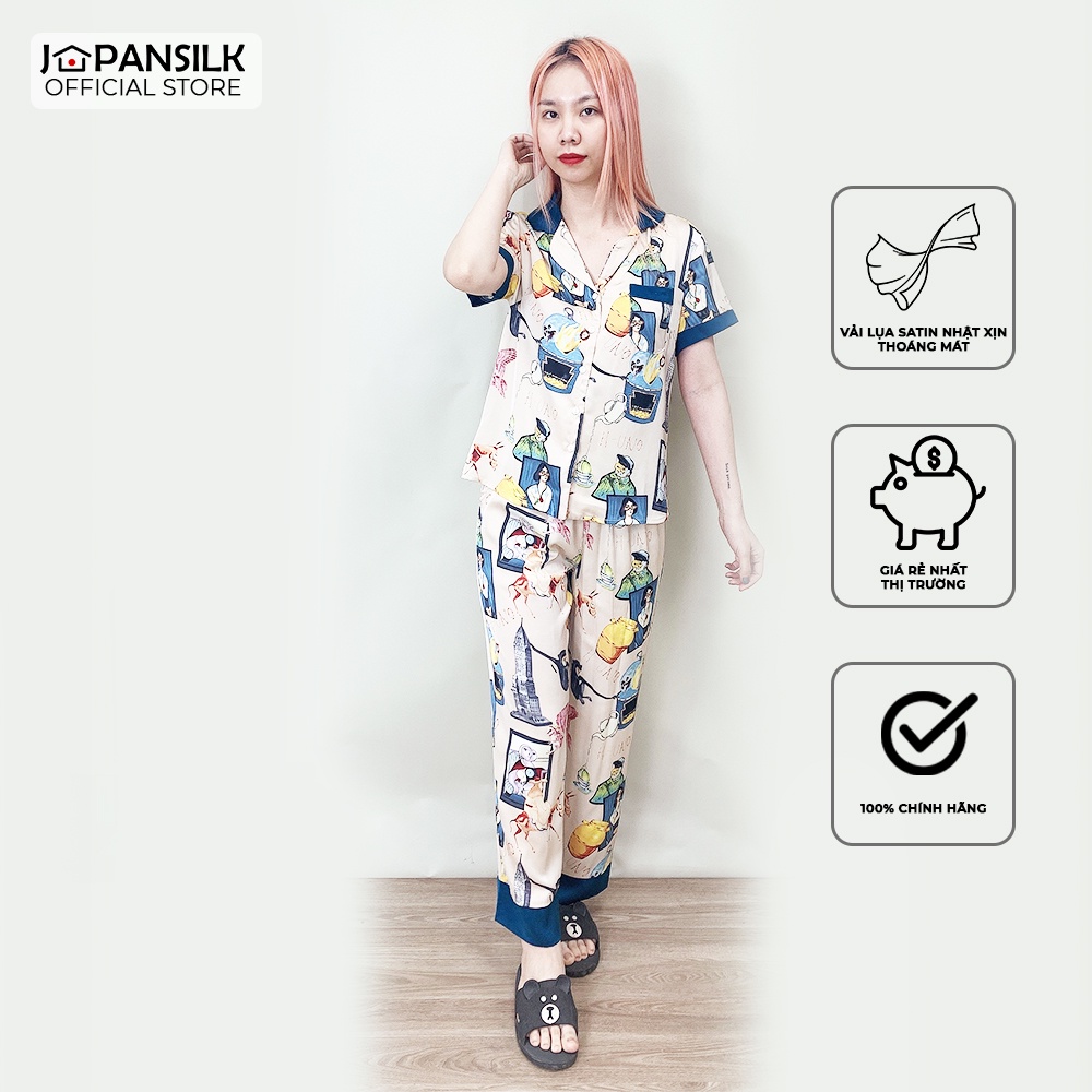 Đồ Ngủ Lụa Satin Nhật Pijama Ngắn Tay Họa tiết Cành Hồng Đá Vintage Trang Nhã JAPAN SILK Chính Hãng