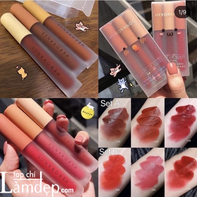 Set 3 Cây Son Kem Lì Herorange Fluffy Lip Glaze (Nội địa Trung)