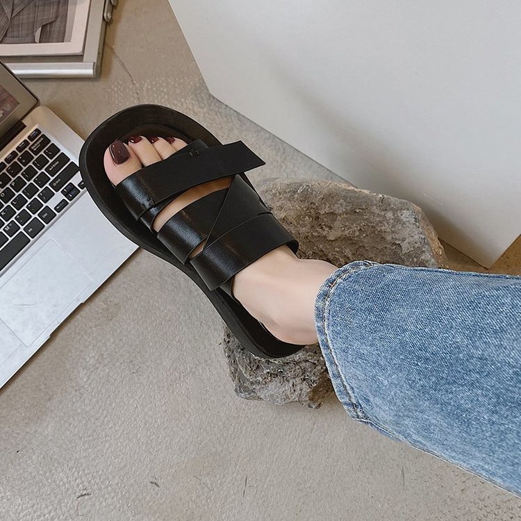Giày Sandal Mũi Tròn Gót Thấp Cột Dây Chéo Phong Cách Mới Thoải Mái Dễ Phối Đồ