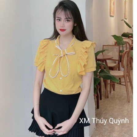 Áo Kiểu Ngắn Tay Chất Voan Lụa Cổ Thắt Nơ Phối Bèo Cánh Tiên A302