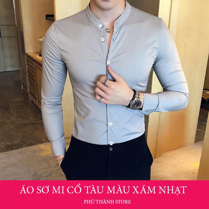 Áo sơ mi nam cổ tàu màu xám chất đẹp