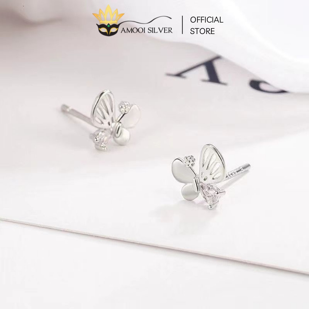 Bông Tai Bạc S925 Cánh Bướm Bất Đối Xứng Đính Đá Sang Trọng - Amooi Silver AB219
