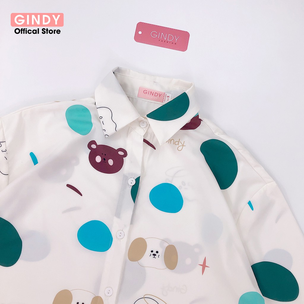 Áo sơ mi nữ GINDY lụa ngọc trai mềm mát họa tiết gấu nữ cổ bẻ sơmi tay ngắn form rộng dáng basic kiểu Hàn Quốc A6118