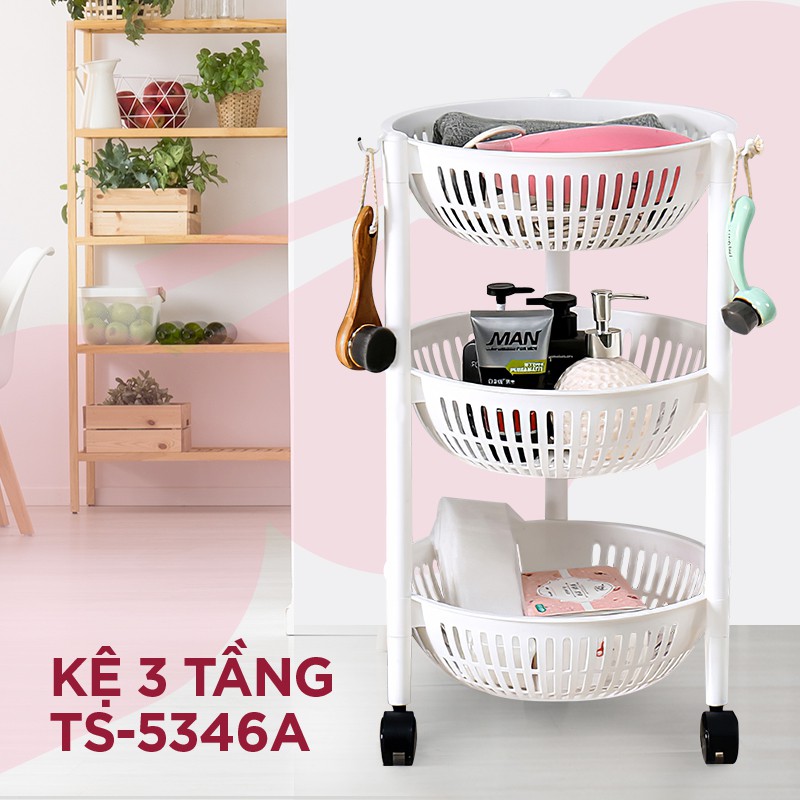 Kệ tròn 3 tầng có bánh xe, kệ úp bát đĩa, ly cốc - Đài Loan -TS5346A