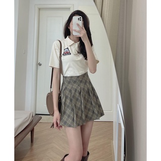 S6812 Set áo polo mix chân váy kẻ Audrey