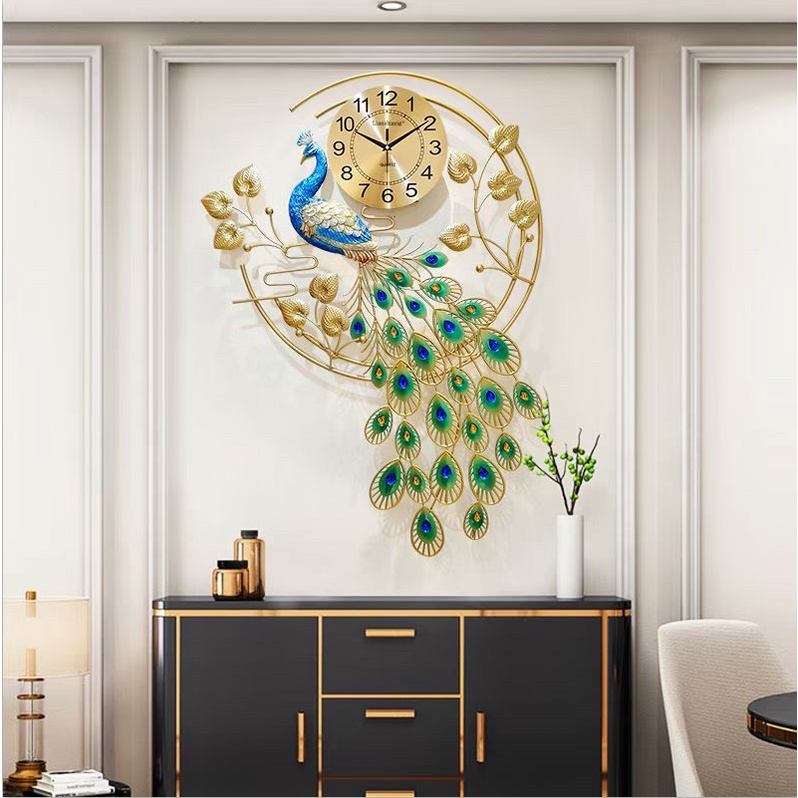 Đồng Hồ Treo Tường Trang Trí Họa Tiết  chim công khoe sắc- Mã 2878-Nghệ Thuật Decor Tường Phong Cách Mới - KT 93*69Cm