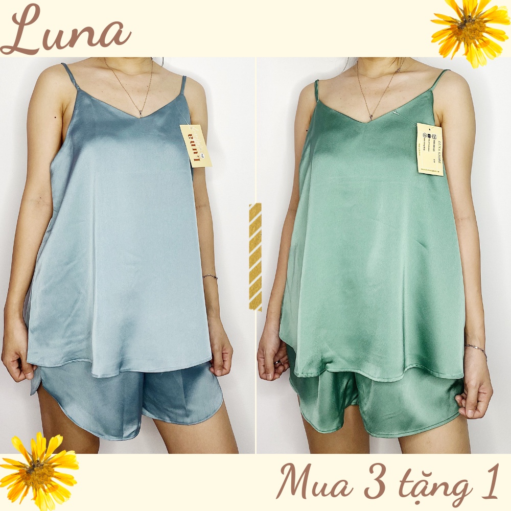 Đồ bộ mặc nhà lụa satin thoáng mát áo 2 dây cổ trái tim LUNA bigsize dưới 75kg | BigBuy360 - bigbuy360.vn