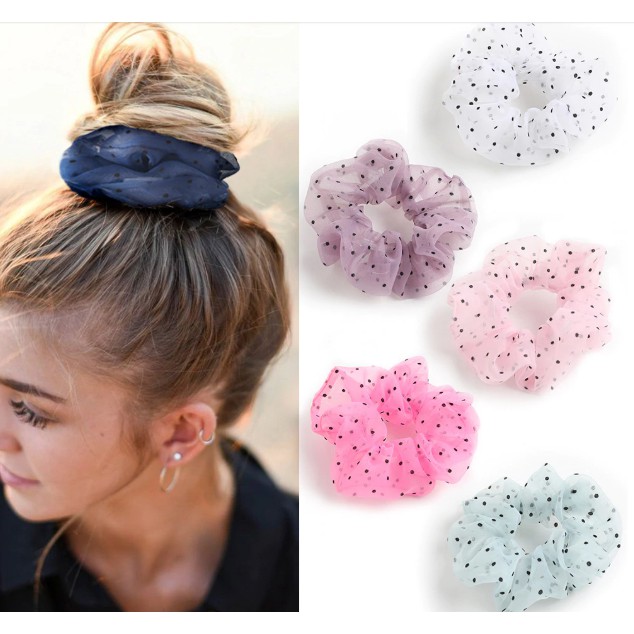 Dây buộc tóc, cột tóc vải scrunchies chiffon chấm bi siêu đẹp