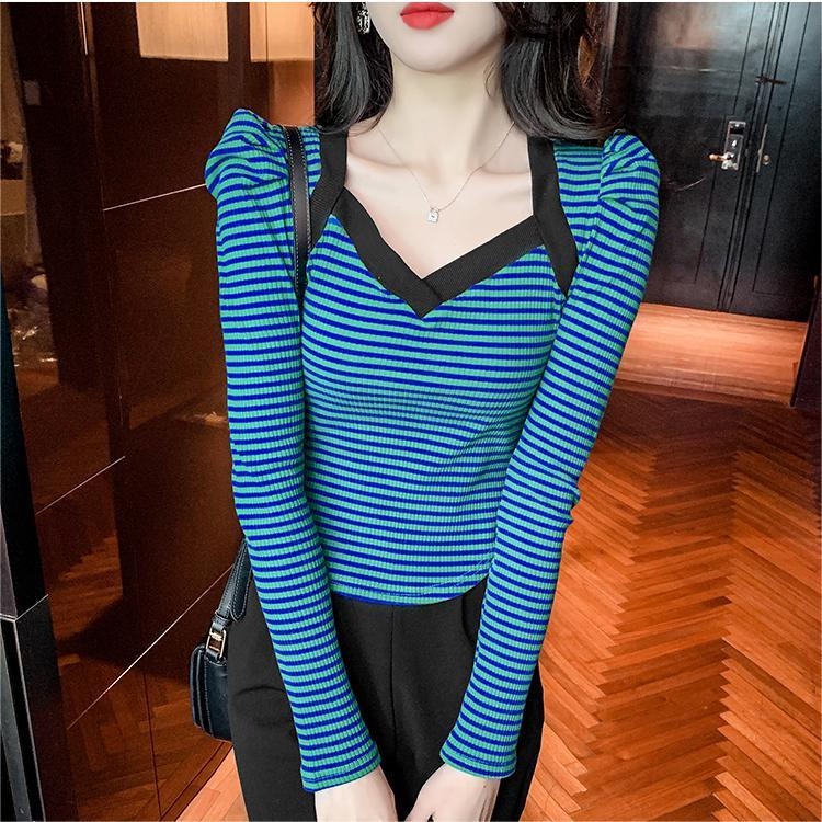 Áo len tay phồng ZHELIHANGFEI họa tiết kẻ sọc dáng ôm quyến rũ