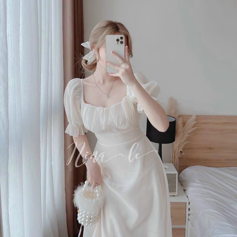 ĐẦM VOAN CHIFON 2 LỚP CÓ MÚT NGỰC TAY BỒNG NHÚN MÀU TRẮNG TINH KHIẾT LỤA LÀ VLTN SHOP