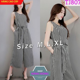 Jum Lửng💥FREESHIP💥Giảm 45k Khi Mua Đơn Từ 500k - Jumpsuit lửng ống loe thắt dây nơ sọc trắng đen xinh xắn TJ807