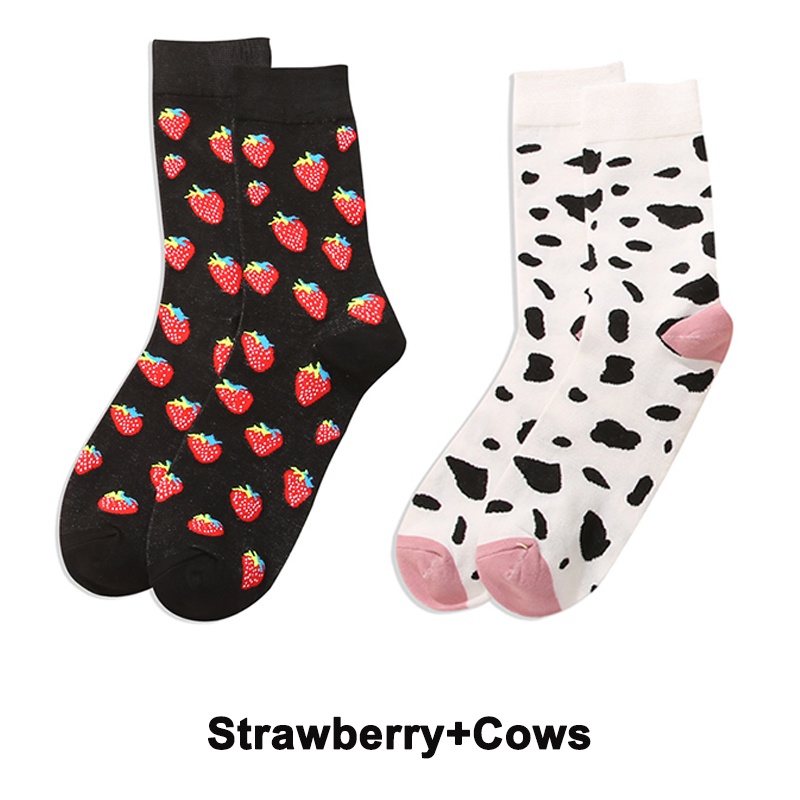 Bộ 2 Đôi Tất Dài Trung Bình Co Giãn In Hình Trái Cây Động Vật Nhiều Màu Sắc Cho Nữ