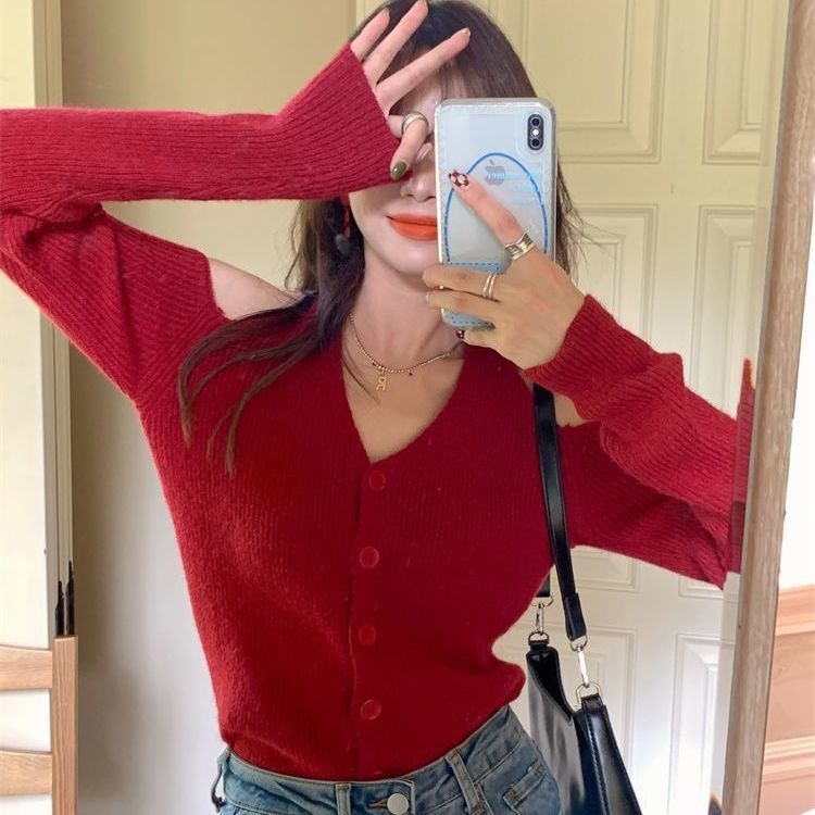 Áo dệt kim tay dài cổ chữ V thiết kế trễ vai quyến rũ COZOK