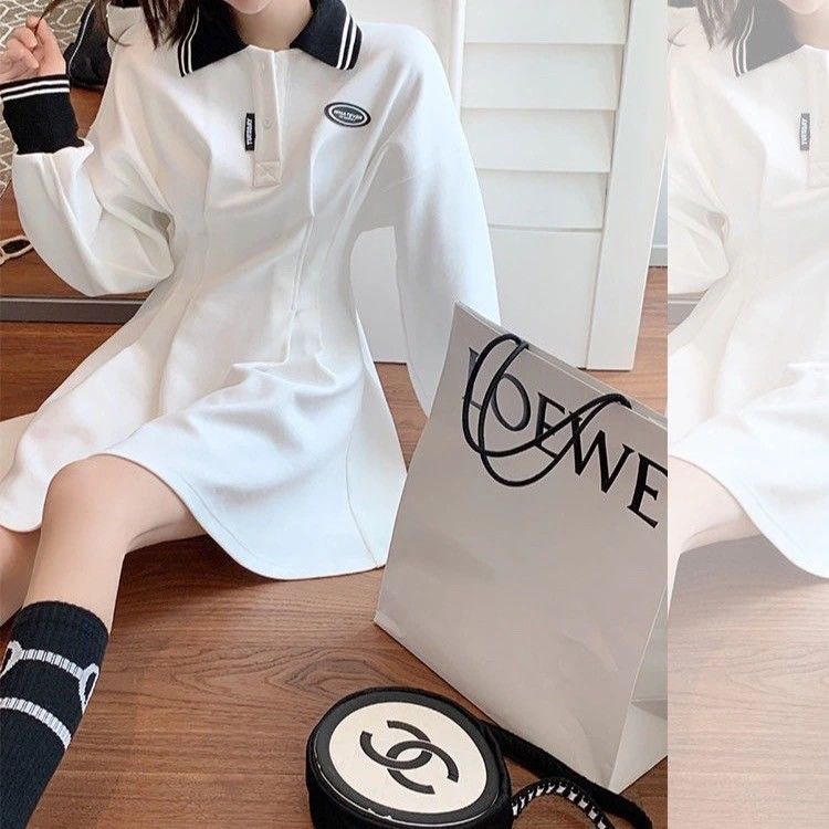 Đầm tay dài cổ POLO màu trơn thời trang mùa thu mới 2021 cho nữ