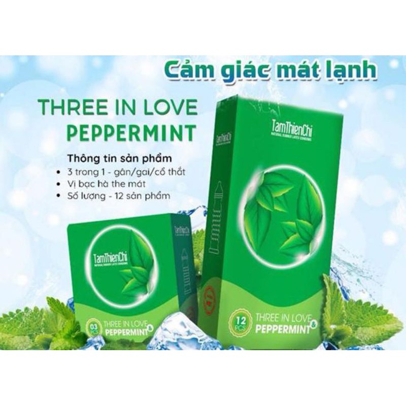 (12 CÁI) Bao cao su Three In Love Peppermint Tâm Thiện Chí