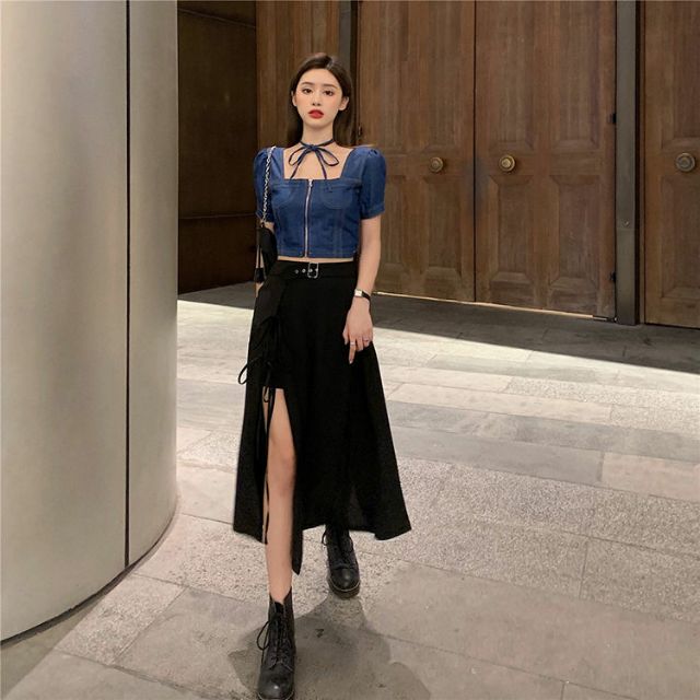 Có ảnh thật cuối - Set áo bò + chân váy xẻ tà ngầu chanh xả