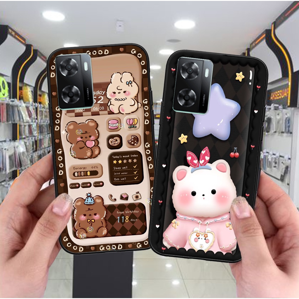 Ốp Oppo A77s / A57 2022 / A57 4G in hình gấu caro đen trắng dễ thương siêu bền