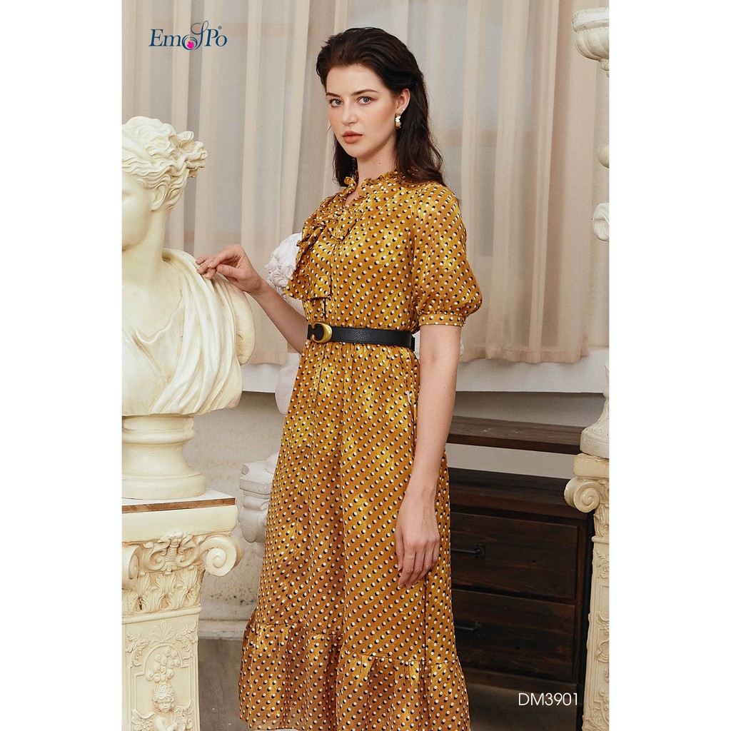 Đầm dáng xòe, cổ bèo, chun eo, đai tháo rời Emspo DM3901 (Vàng, Đen)