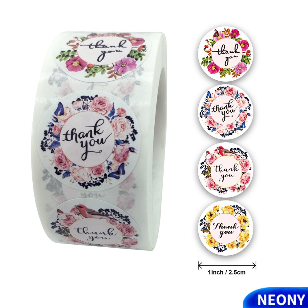 NEONY 500Pcs DIY Crafts Self Adhesive Gift Packaging Sealing Craft Thank You Stickers Happy Mail Package Label Sticker roll Wedding Decor Round label Party Supplies Gift Paper Sticker