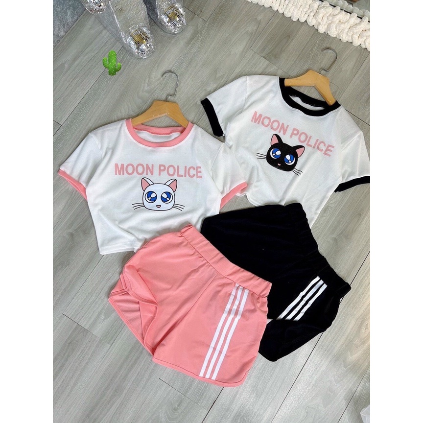 Sét bộ áo croptop viền màu in hình mèo moon phối quần đùi 3 sọc cực hot , chất thun bozip mềm mịn