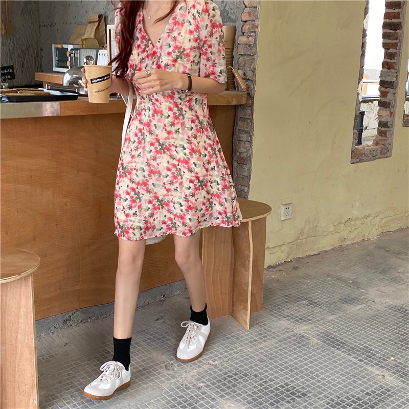 Đầm hoa SUXI tay ngắn cổ chữ V dáng chữ A phong cách cổ điển đơn giản thời trang mùa hè cho nữ