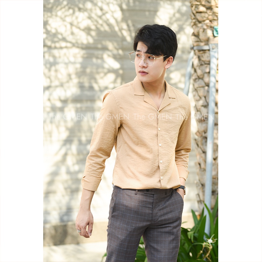 Áo sơ mi nam Cuban Collar dài tay THE GMEN thiết kế cổ vest, chất vải linen mềm mại
