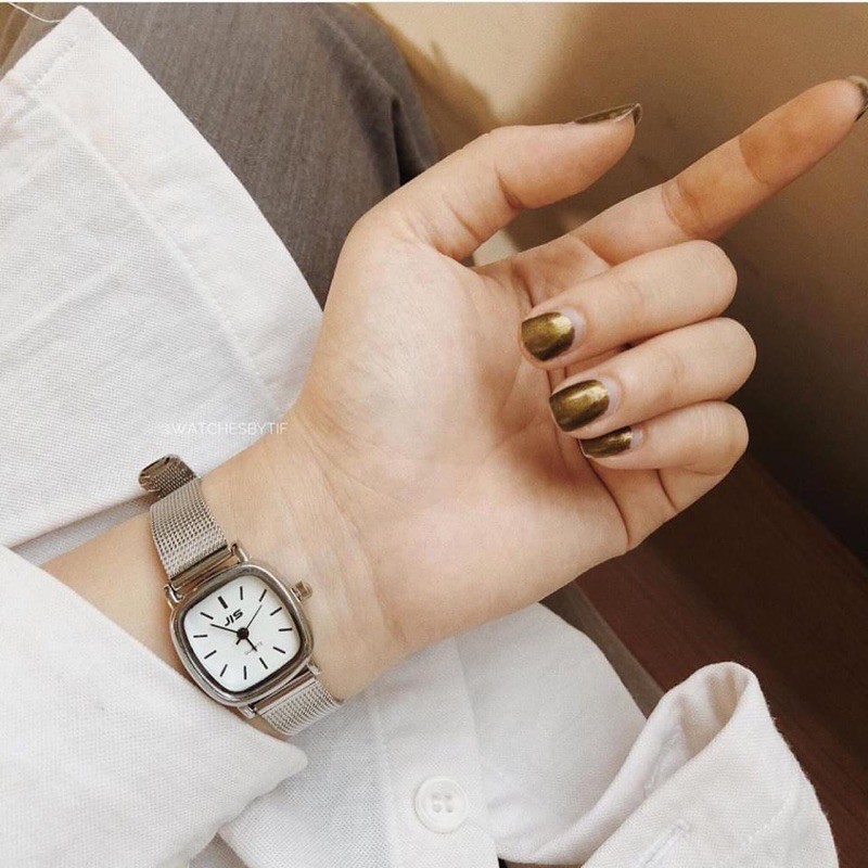 Đồng hồ nữ mặt vuông mặt nhỏ dây kim loại  JIS bạc mặt trắng đồng hồ nữ đẹp giá rẻ Watchesbytif size 22mm đi học đi chơi | BigBuy360 - bigbuy360.vn