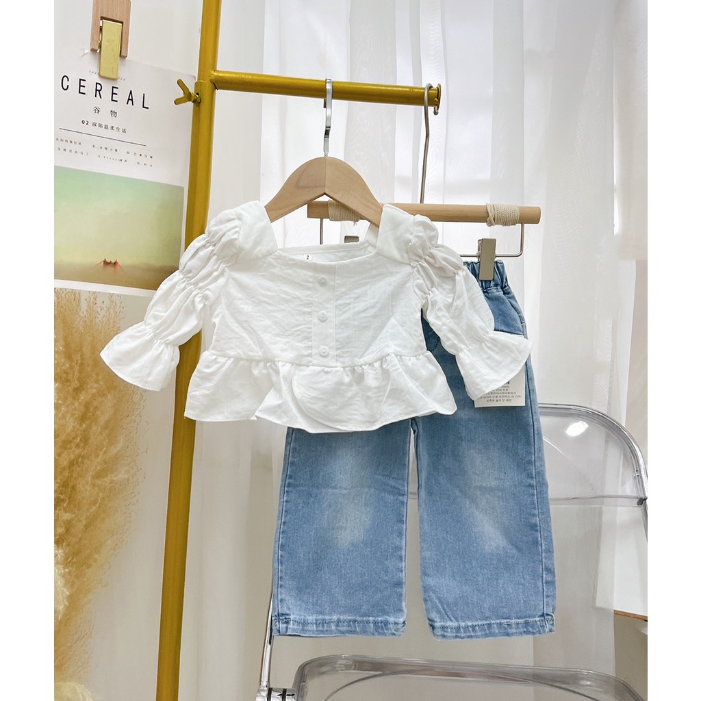 Quần áo đi chơi sành điệu bé gái, set size nhỡ áo thô hàn và quần ống suông sành điệu cho bé