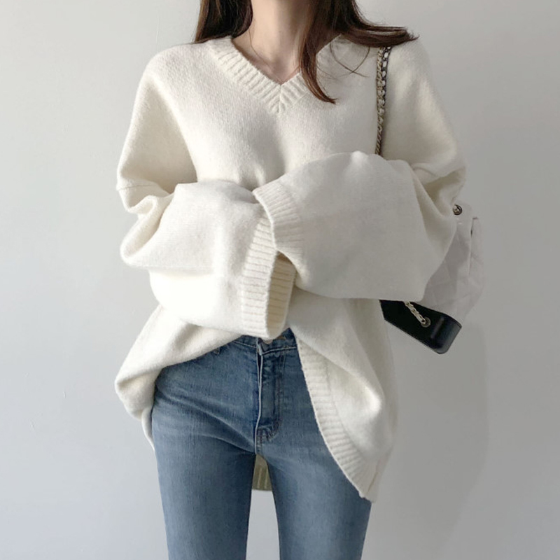 Áo Sweater dáng rộng cổ chữ v màu sắc đơn giản dễ thương cho nữ