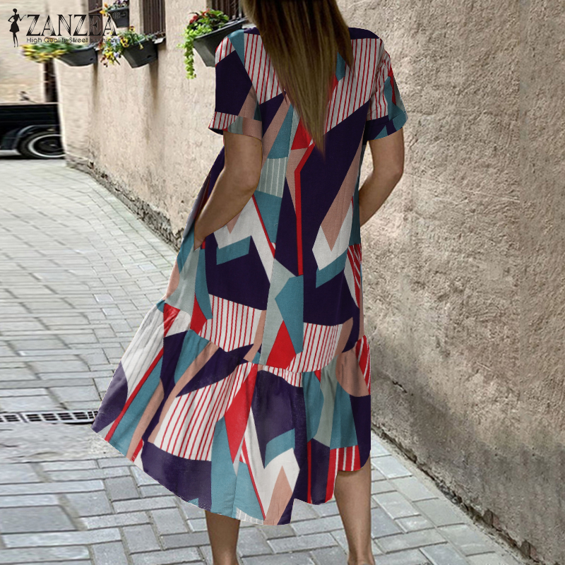 Đầm midi Zanzea tay ngắn in họa tiết hình học thời trang dành cho nữ