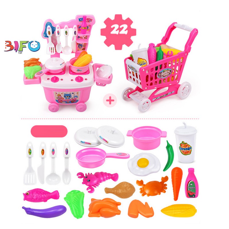 Đồ chơi nấu ăn màu hồng kèm xe đẩy, quà sinh nhật bé trai và bé gái mô phỏng dụng cụ nhà bếp