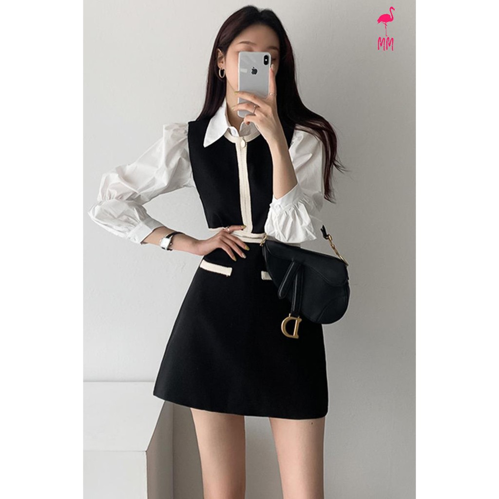 Set Áo Sơ Mi Phối Ghi Lê + Chân Váy Lưng Cao Thời Trang Hàn Cho Nữ | BigBuy360 - bigbuy360.vn