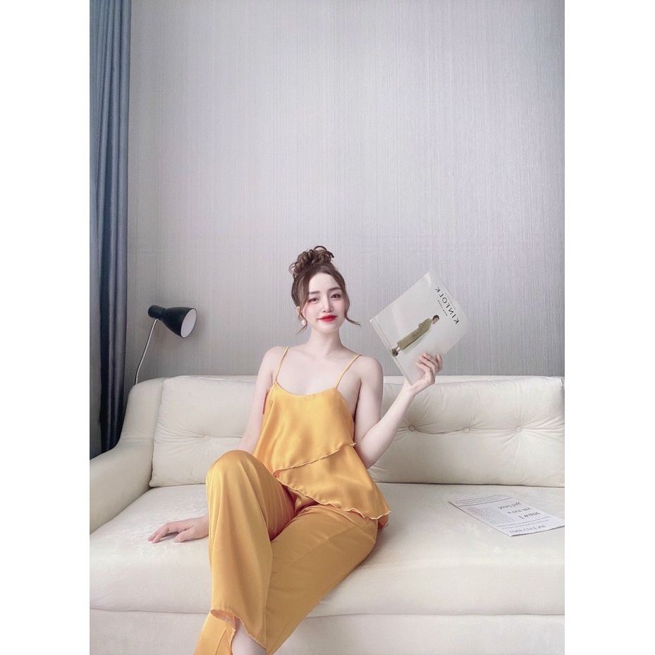 Đổ ngủ lụa satin, bộ mặc nhà quần dài áo 2 dây kiểu vạt xéo, chất vải đẹp, mát, may đẹp, phom rộng thoải mái dưới 55kg | BigBuy360 - bigbuy360.vn