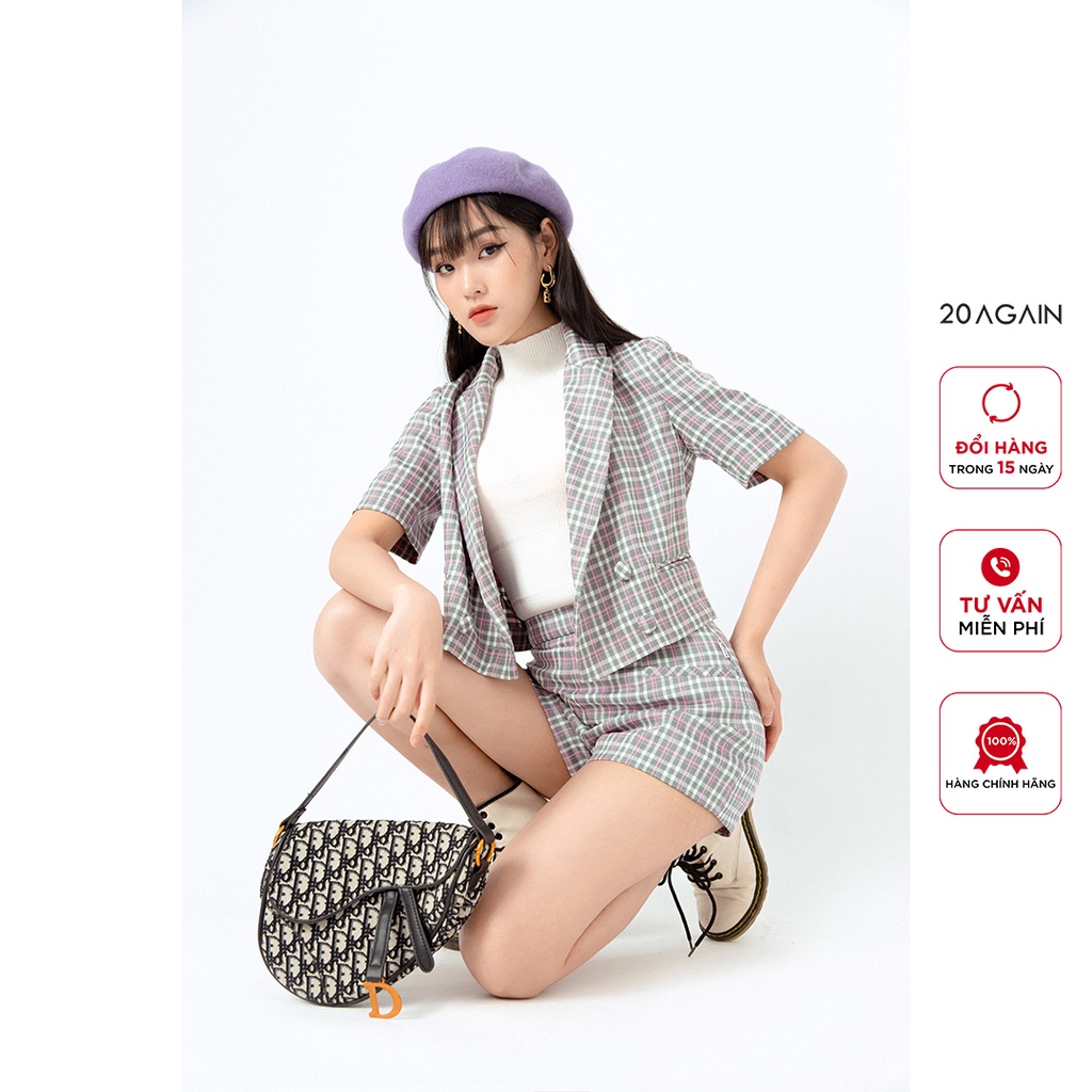 Áo vest nữ dáng lửng ngắn tay 20AGAIN, họa tiết kẻ caro trẻ trung ABA1966