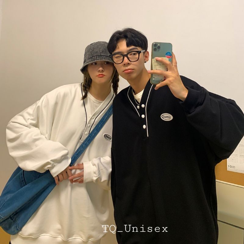 Áo Sweater Nỉ Unisex Viền Cổ Phối Nút Form Rộng Ulzzang (Ảnh Thật | BigBuy360 - bigbuy360.vn