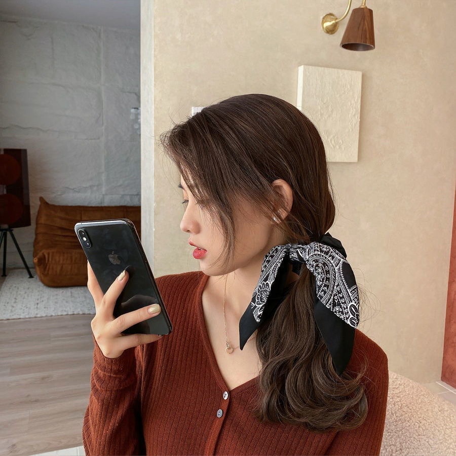 Cột tóc scrunchies vải trơn bóng họa tiết cổ điển thắt nơ S01