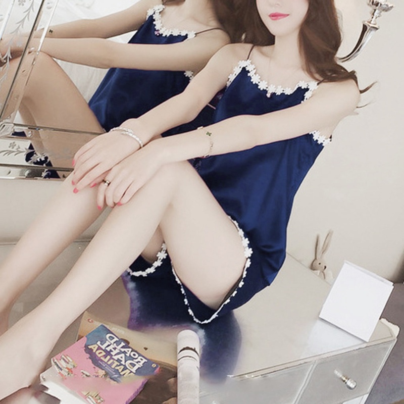 Bộ Đồ Ngủ Chất Liệu Lụa Phối Ren Thêu Hoa Thời Trang Dành Cho Nữ