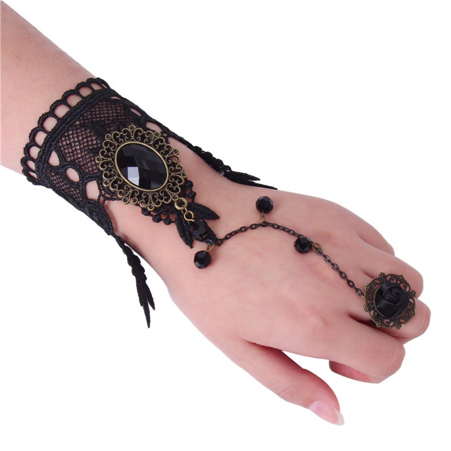 Vòng tay choker nữ ren đen đính nhẫn hoa hồng phong cách quý phái