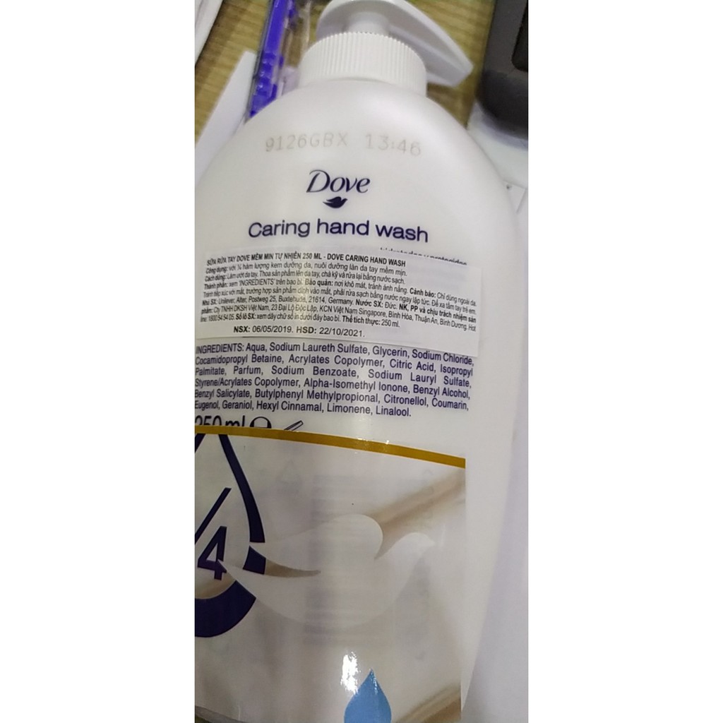 Sữa rửa tay Dove 250ml sạch khuẩn, mềm mịn da tay - hàng khuyến mãi