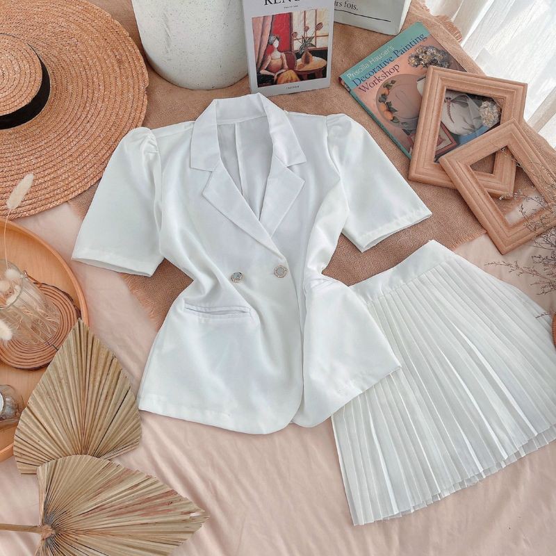 set vest tay ngắn + chân váy dập ly