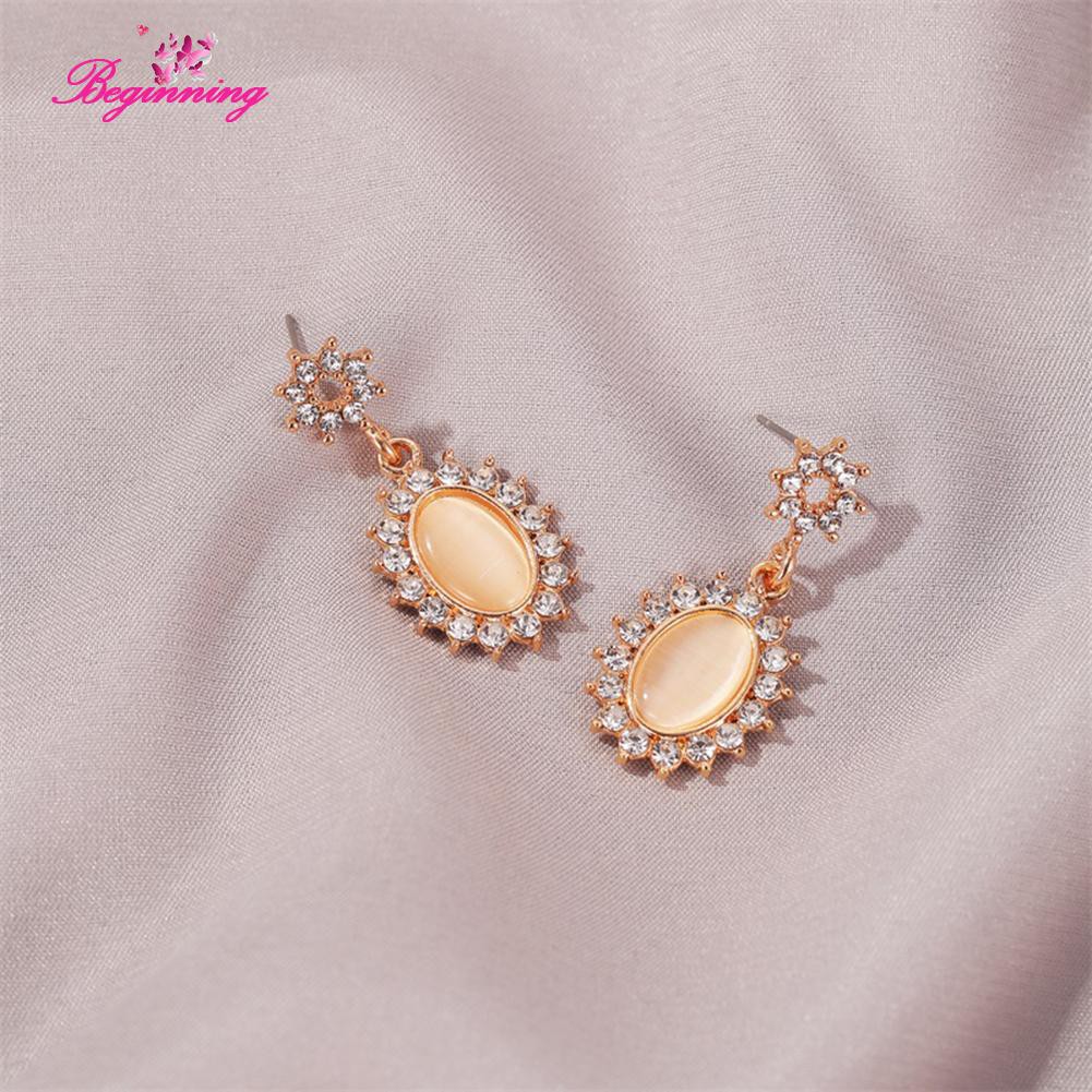 Bộ vòng cổ + Bông Tai Hình Oval Đính Đá Zircon Phong Cách Hàn Quốc