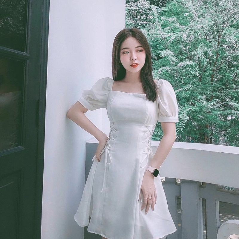 Đầm trắng tay phồng đan eo | BigBuy360 - bigbuy360.vn