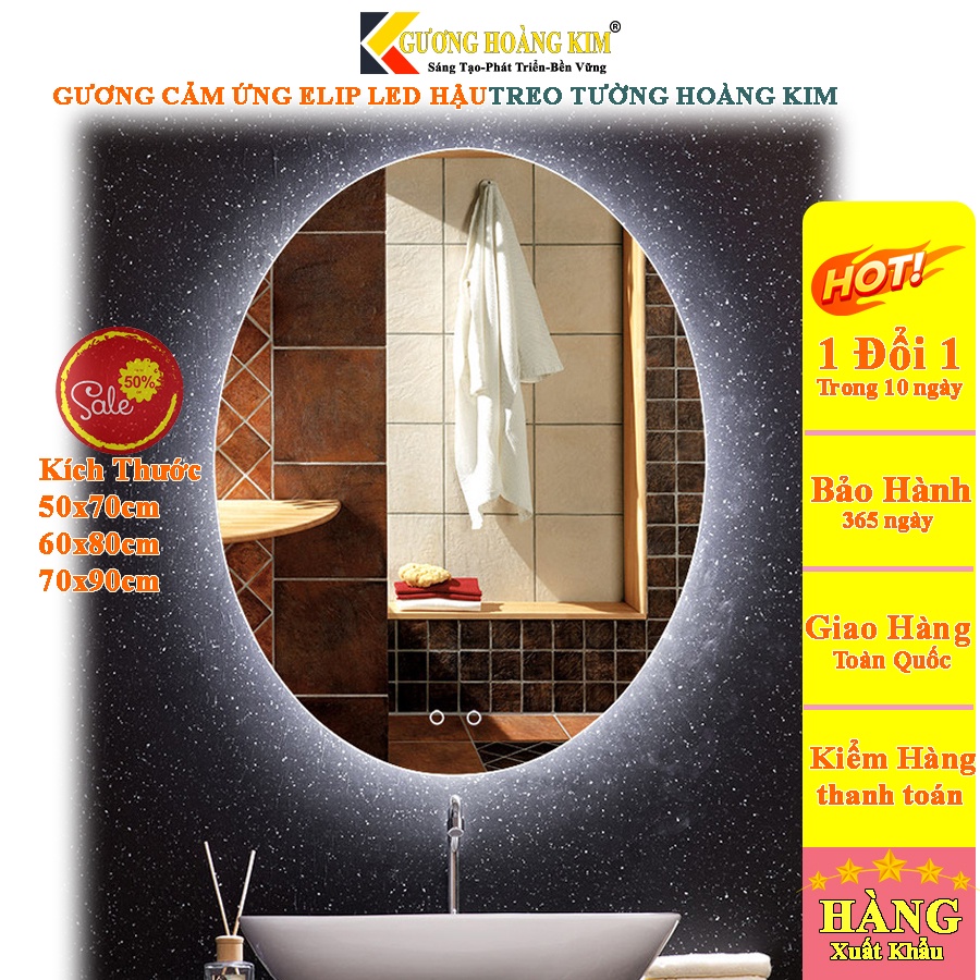 Gương đèn led nhà tắm phòng wc trang trí makeup cảm ứng treo tường oval elip bầu dục kt 70x90cm guonghoangkim HK-2002