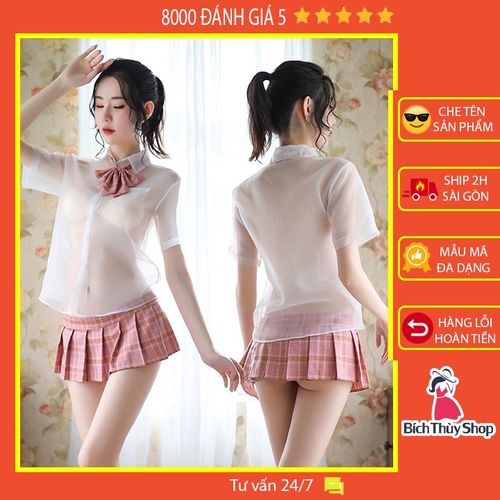 BT6226 Đồ ngủ sexy cosplay nữ sinh áo sơ mi xuyên thấu kèm chân váy caro cạp cao gợi cảm | BigBuy360 - bigbuy360.vn