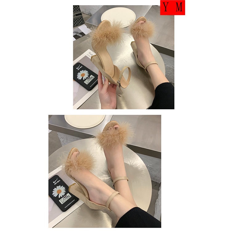 Giày Cao Gót Đính Lông Tua Rua Thời Trang Mùa Hè Dễ Phối Đồ Cho Nữ