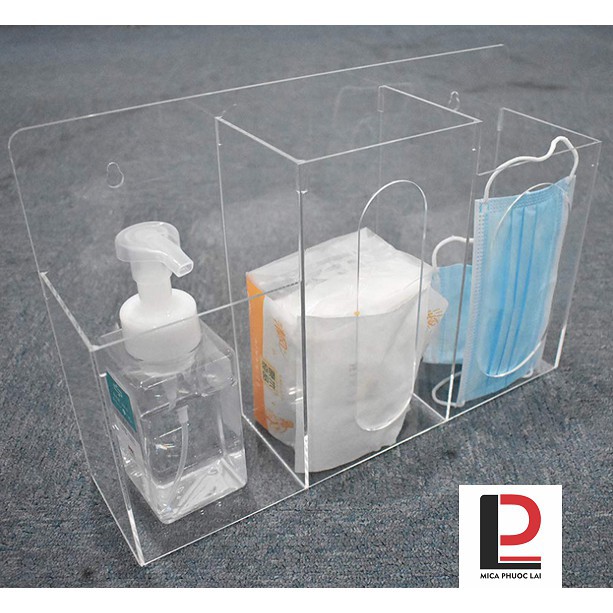 Kệ mica treo tường đựng khẩu trang, nước rửa tay sát khuẩn